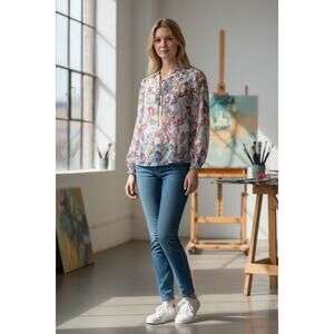 Hale Bob Butterfly Print Blouse Top Large Long Sleeve Tie Neck Boho Colorful